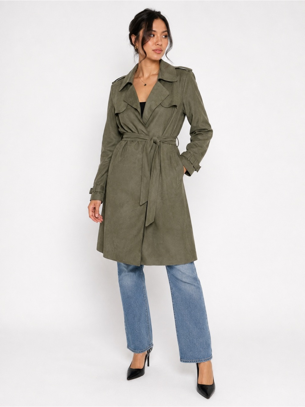 Philosophy Olive Faux Leather Belted Trench Coat